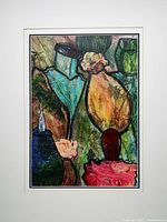 Framed mixed media collage artwork showing the full composition with various colored bottle shapes and floral elements, matted but unframed