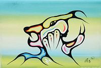 Front view of the signed original Indigenous painting with stylized animal design and signature on bottom right; colors blue, yellow, black, red, and cream.