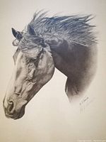 Close-up of horse head print showing detailed rendering and signature