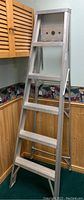 Front view of aluminum step ladder showing 5 rungs and support platform with holes.