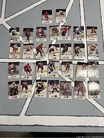 Photo showing 32 facsimile autograph hockey cards arranged on a surface, featuring various players in NHL team uniforms and action poses.