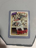 Front of 1980 Topps Jerry Remy baseball card showing player batting photo and team name.