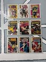 Front sides of 9 Marvel Comics trading cards from 1991 showing comic book cover art for various characters and series.