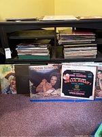 Shelf with two stacks of vinyl albums and rows of vinyls in front, visible album covers include Donna Summer and Hello Dolly!