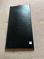Top view of a black 48x24 padded exercise mat lying flat on carpeted floor.