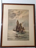 Full view of the framed nautical watercolor painting with sailing ships and a steamship near a lighthouse.
