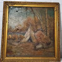 Full view of framed oil painting showing Western landscape with tipi and surrounding trees.