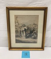 Frontal photo of the framed 20th century engraving showing the full medieval scene with a lady fortune teller and knight kneeling, displayed against a white background with a blue lot number placard visible.