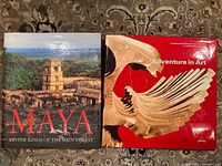 Photo showing two hardcover books side by side on a carpet. One book is titled 'Maya: Divine Kings of the Rain Forest' featuring Mayan ruins on the cover. The other book is 'Adventure in Art' with a red dust jacket showing abstract wooden art.