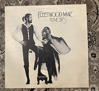 Front cover of the Fleetwood Mac Rumours album showing the iconic image of Mick Fleetwood and Stevie Nicks in stylized black and white.