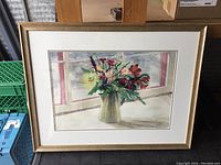 Full frontal view of the framed watercolour floral painting showing the full composition and frame.