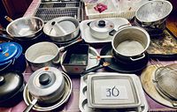 Photo of assorted kitchenware including baking pans, pots, and cake pans placed on a checkered tablecloth. Multiple shapes and sizes are visible.