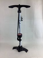 Full view of Schwinn floor bike pump showcasing black base, silver cylindrical body with 'Schwinn' logo, black handle, hose, and pressure gauge mounted near base.