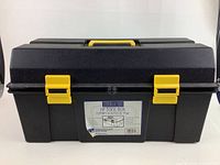 Front view of the closed Strong N' Tuff 19-inch plastic toolbox with yellow latches and handle