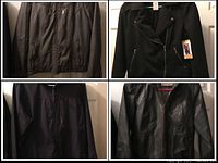 Four black jackets including leather and designer styles displayed hanging and on a door, showing full front views and side profile.