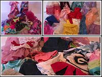 Three grouped photos showing over 60 Barbie and similar sized doll clothes in assorted colors and styles including dresses, shirts, and costumes