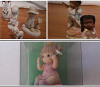 Collage photo showing six used Precious Moments figurines including a boy with dog, children on flowers, and angel figures.