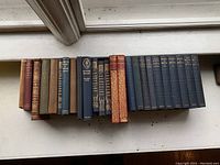 Photo showing a side view of 20 antiquarian books lined up horizontally with a mix of cover colors and spine patterns.