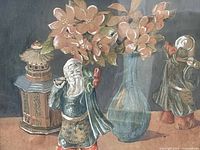 Close-up of the watercolor painting showing figurines, vase with flowers, and lantern details.