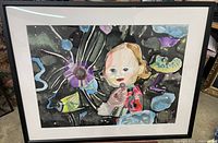 Full view of the framed watercolor painting showing a child with flowers in the background.