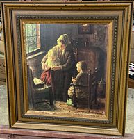 Full view of the framed 'Mother and Child' painting showing mother with two children, sitting by a window with natural light, detailed warm color palette and ornate gold frame.