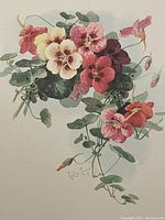 Full view of the floral watercolor painting depicting vibrant flowers and leaves, signed by the artist near the bottom left corner.