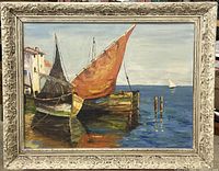Full artwork view showing framed painting of boats on the harbor with orange sail and blue sea.