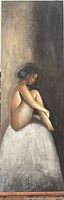 Full view of tall oil painting showing a nude lady seated against a dark textured background