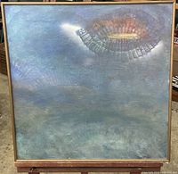 Full view of square vintage watercolor painting in frame showing primarily blues, grays and a central reddish-brown oval shape in cloudy abstract style.