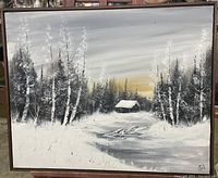 Full view of vintage oil painting showing winter valley landscape in a frame.