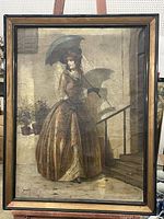 Full view of the framed oil painting showing a woman in period dress holding a parasol by stairs and flower pots.
