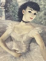 Close up of ballerina's face and upper body in pastel painting.