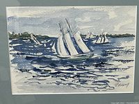 Front view of the watercolor painting showing sailboats on the water with distant trees and sky, signed by R. Howell.