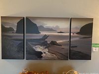 Front view of three canvas panels showing beach and driftwood scene connected as triptych.
