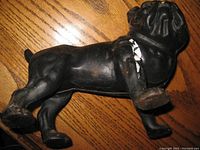 Side view of black cast iron bulldog figurine showing its profile and some chipped white paint on the front leg and body.