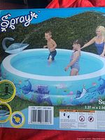 Front view of the inflatable pool box showing children playing inside and the dolphin spray feature graphic.