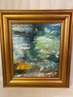 Full view of framed abstract oil painting showing overall condition and colors.