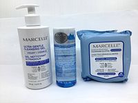 Front view of all three products in the kit: Marcelle Ultra Gentle Cleansing Gel, Gentle Eye Makeup Remover, and Makeup Removing Cleansing Cloths.