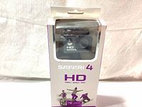 Front view of Safari 4 HD action camera box showing branding and video capabilities like 1080p, 60FPS, WiFi.