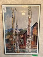 Full view of framed artwork showing totem poles and buildings.