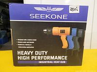 Photo of the Seekone heat gun box showing product branding, image and key features.