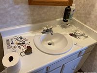 Key rings, some metal nail files, watch in package, belt buckle, toilet paper roll on bathroom counter around sink.