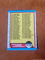 Front view of 1989 O-Pee-Chee hockey checklist card 221-275 with blue border, showing player names.