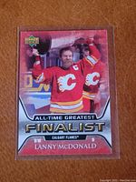 Front of Lanny McDonald Calgary Flames hockey card showing him holding Stanley Cup and text 'All-Time Greatest Finalist'.