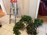 Werner 4-step ladder standing on tiled floor with four faux plants placed around its base showing their size and type of foliage.