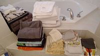 All towels and cloths arranged on a bathtub edge showing various colors and types to convey quantity and condition.