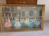 Full view of vintage framed print depicting ballroom dance, showing dancers in colorful gowns and elegant hall details