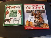 Photo showing two hardcover kids books on a flat surface: 'Horse Facts' with horse illustrations on green cover and 'Wild Creatures' featuring a tiger on the cover.