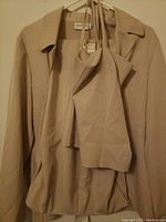 Photo showing the beige pinstripe jacket, sleeveless top, and pants hanging on a wall with the brand label visible as Savvy.