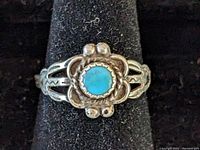 Close-up front view of southwestern sterling silver ring with round turquoise stone, showing floral bezel setting and split band design.